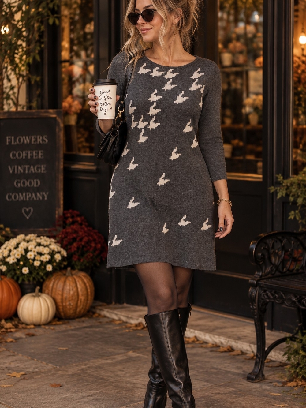 Nine West Charcoal Knit Midi Dress with Cream Bird Motif